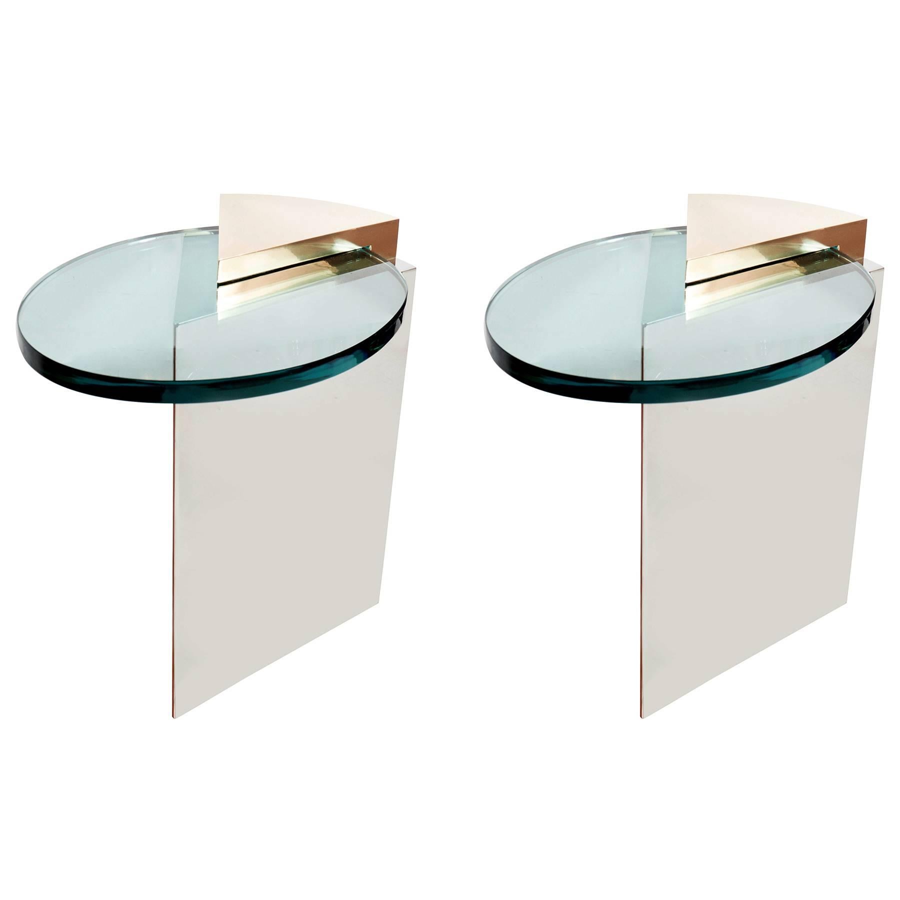 Pair of Angular Chrome and Brass Cantilevered Tables