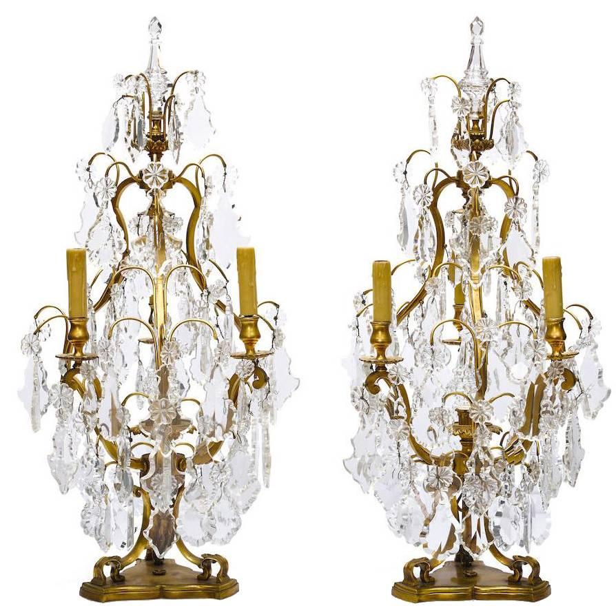 Pair French 19th-20th Century Louis XV Style Gilt Bronze & Cut-Glass Table Lamps