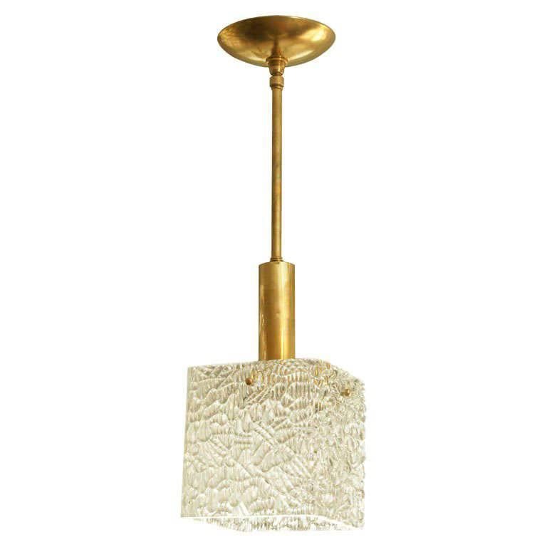 Square Textured Glass Pendant Ceiling Fixture with Brass Accents by Kalmar