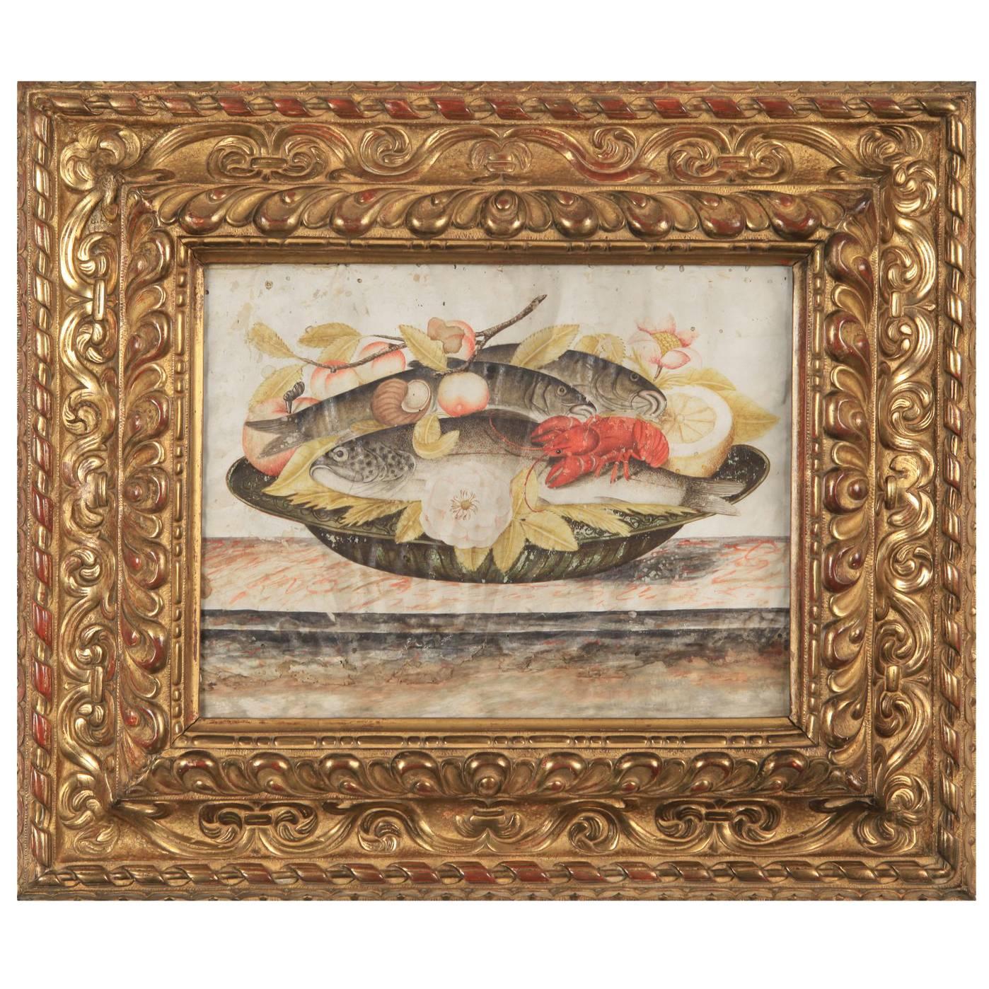 Octavianus Monfort "Still Life with Fruit, Flowers, Fish and Shellfish" For Sale