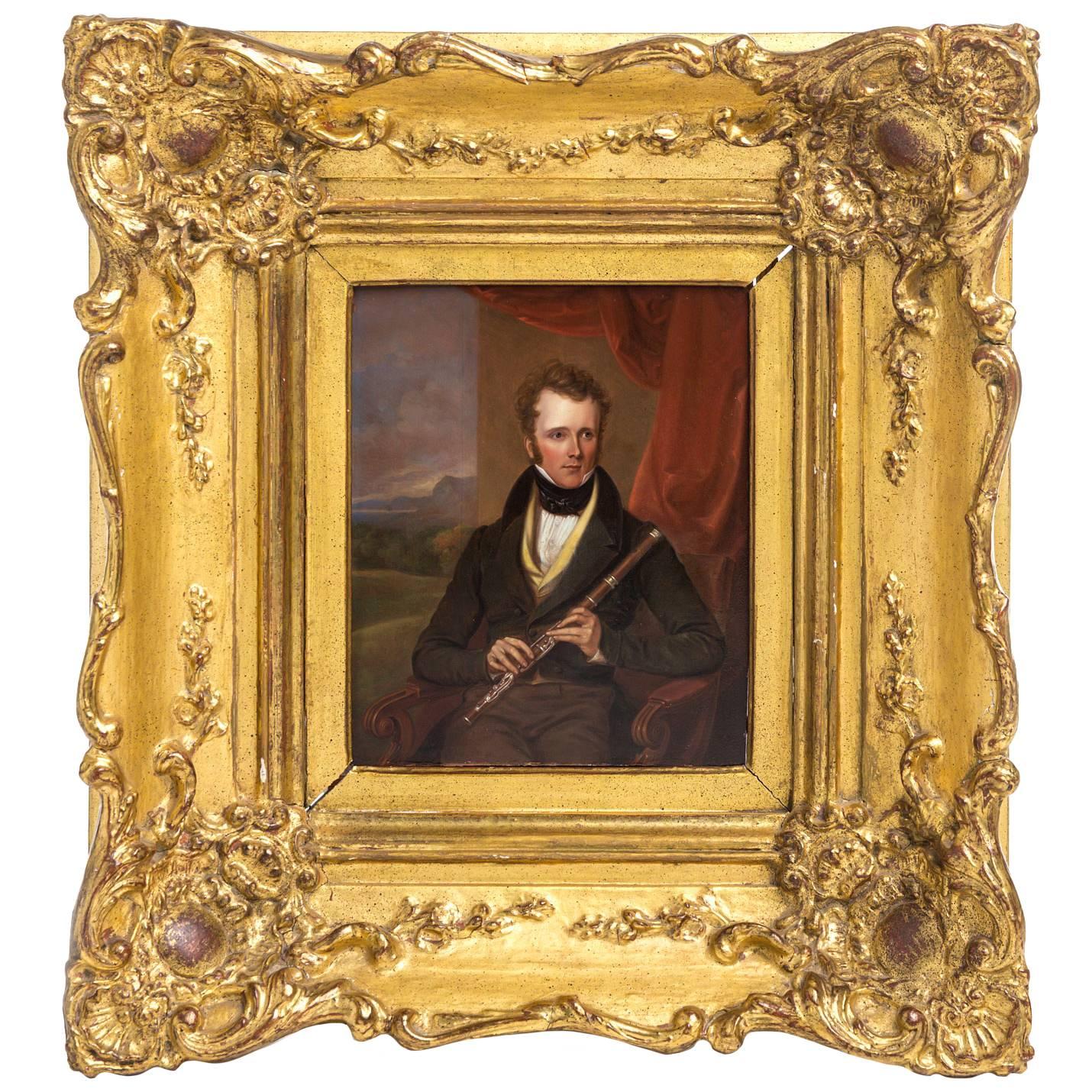 Portrait of a Flutist, Oil on Wood, England, Mid-19th Century For Sale
