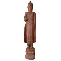 Large Antique Southeast Asian Tall Carved Wood Buddha
