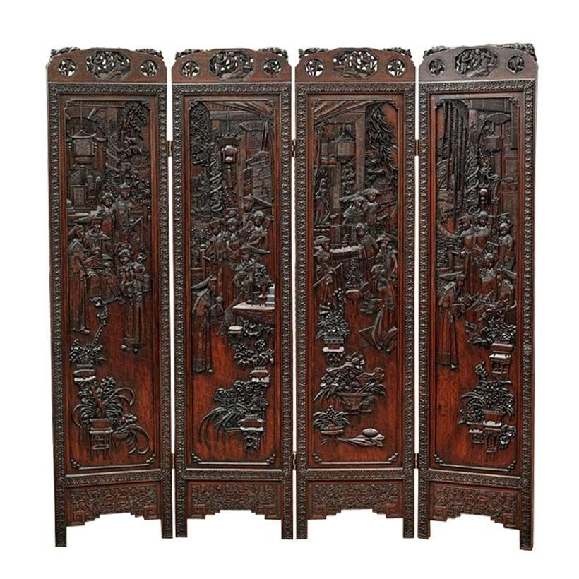 Chinese Highly Carved Wood Four-Panel Screen/Divider
