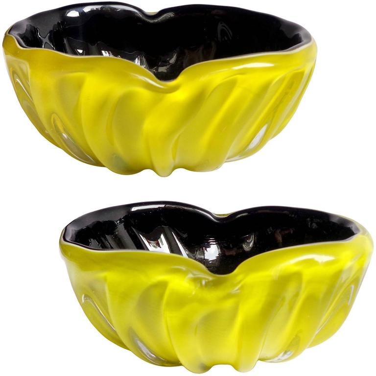 Murano Bright Yellow over Black Italian Art Glass Decorative Bowls For