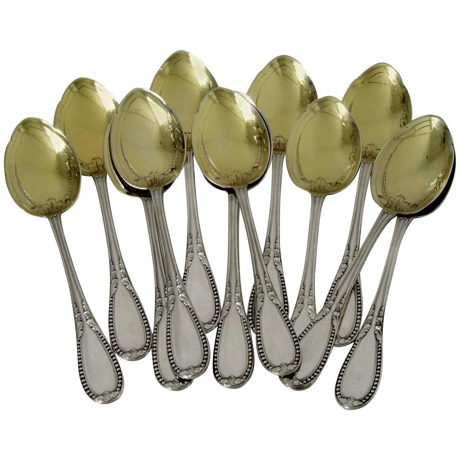 Lapparra French All Sterling Silver 18k Gold Ice Cream Spoons Set 12 Pieces For Sale