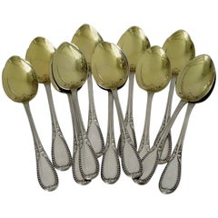 Lapparra French All Sterling Silver 18k Gold Ice Cream Spoons Set 12 Pieces