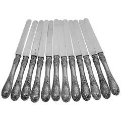 Puiforcat French All Sterling Silver Dessert Entremet Knife Set 12 Piece Rococo
