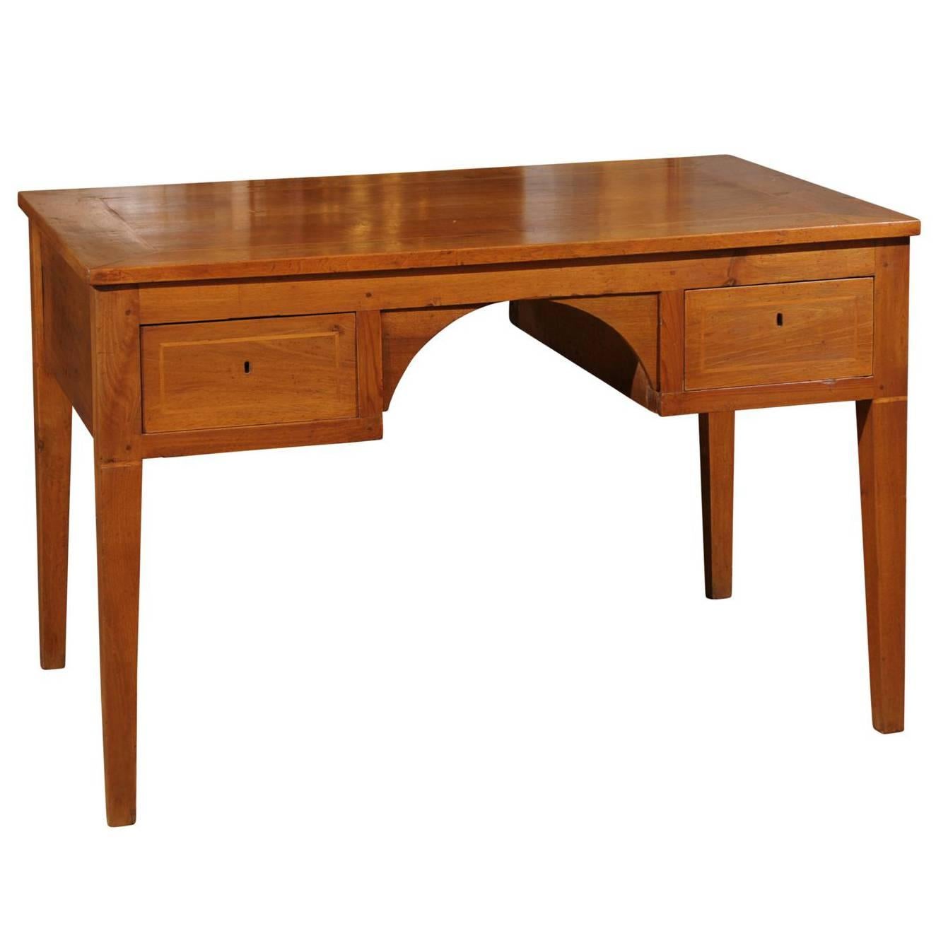 Italian 1880s Walnut Partner’s Desk with Banded Inlay and Arched Apron