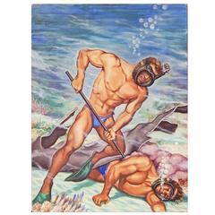 Retro "Scuba Diver Rescue, " Rare and Important Illustration Art for 1952 Magazine