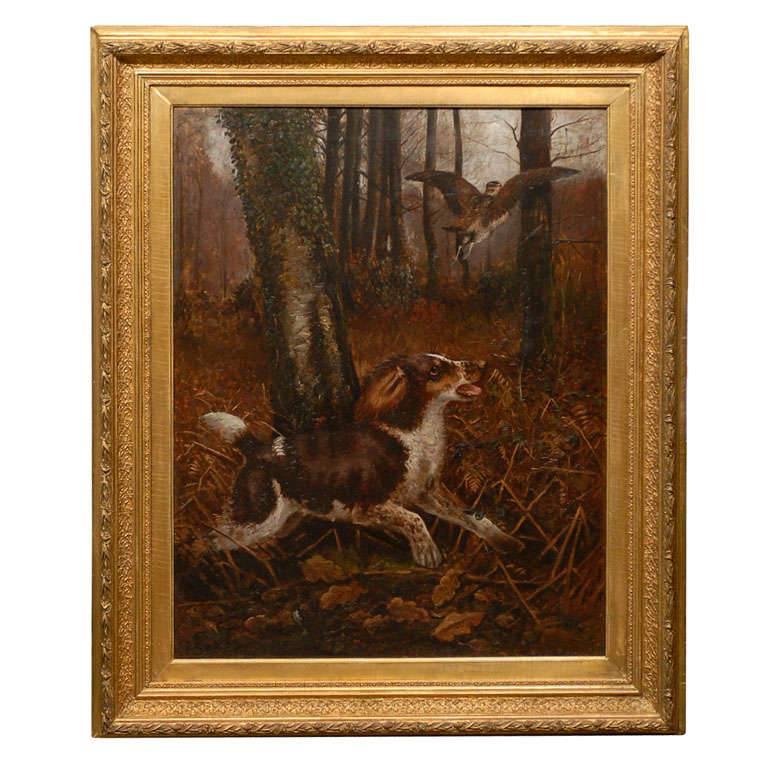 Large English 19th Century Oil Painting of Sporting Dog in Antique Gilt Frame