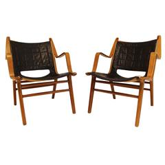 Pair of AX Chairs by Fritz Hansen Signed Bentwood and Leather Chairs
