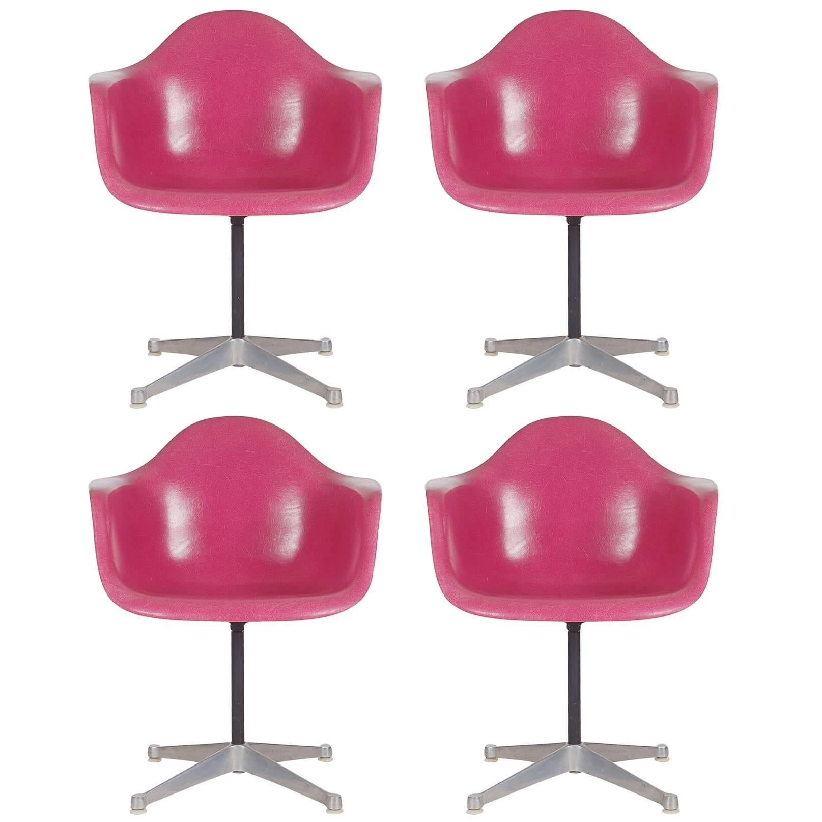 Set of Four Hot Pink Fiberglass Chairs by Charles Eames for Herman Miller