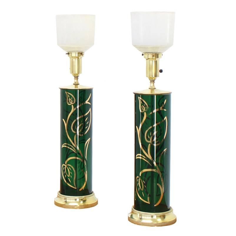 Pair of Emerald Green Gold Decorated Cylinder Shape Table Lamps For Sale