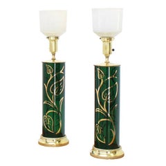 Pair of Emerald Green Gold Decorated Cylinder Shape Table Lamps