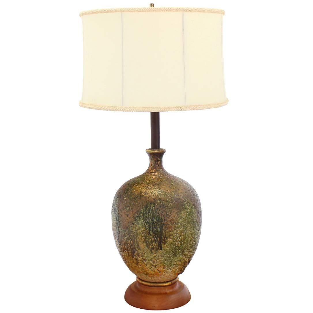 Large Art Pottery Vase Shape Table Lamp on Walnut Base For Sale