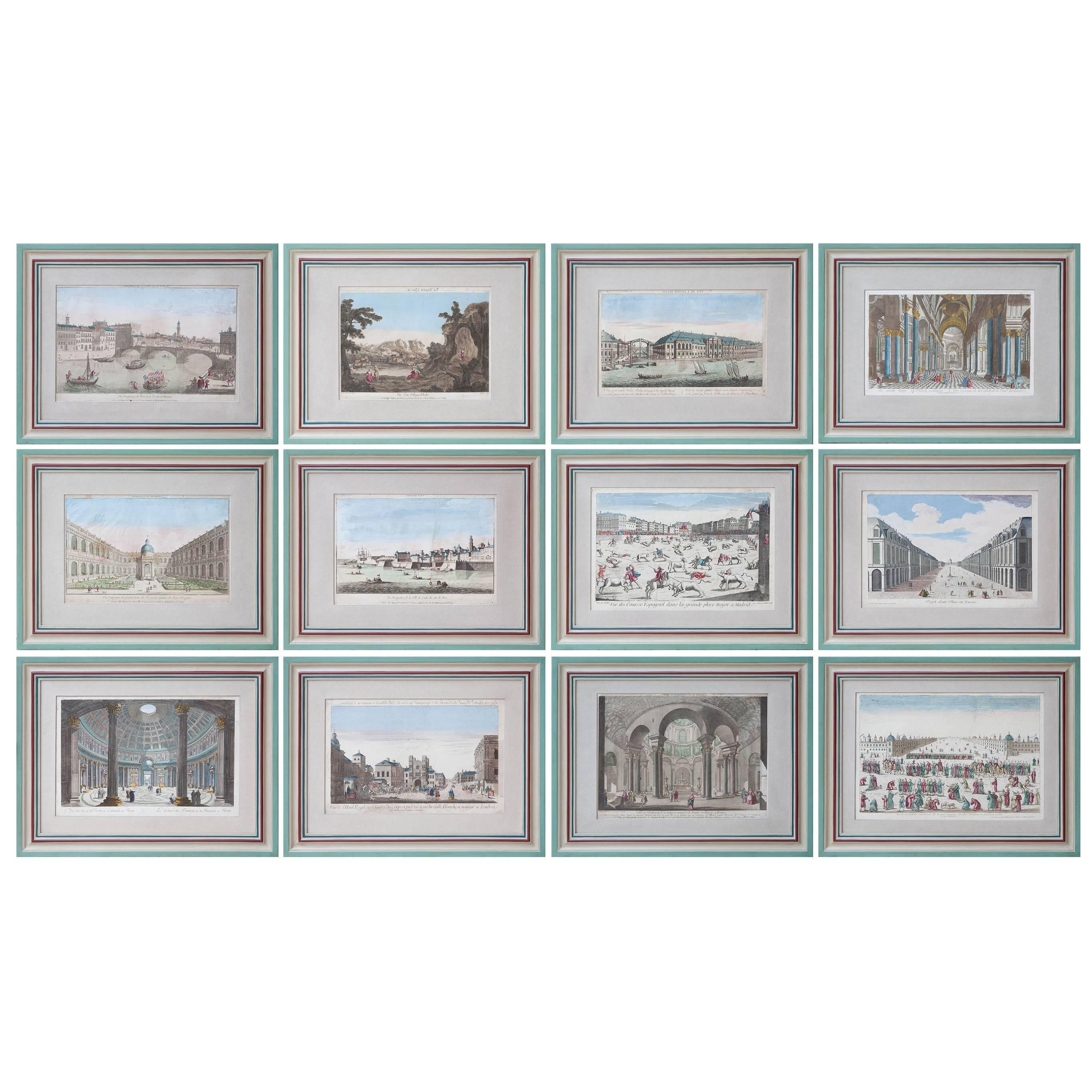 Set of 12 Hand Framed 18th Century Colored Prints, Various Views of Europe For Sale