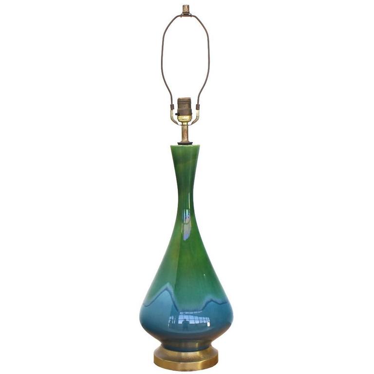Vase Shape Art Glazed Pottery Table, Blue And Green Lamp