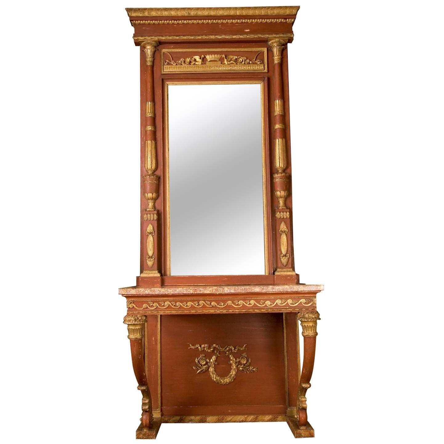 Console Empire italienne unique avec miroir assorti datant d'environ 1830