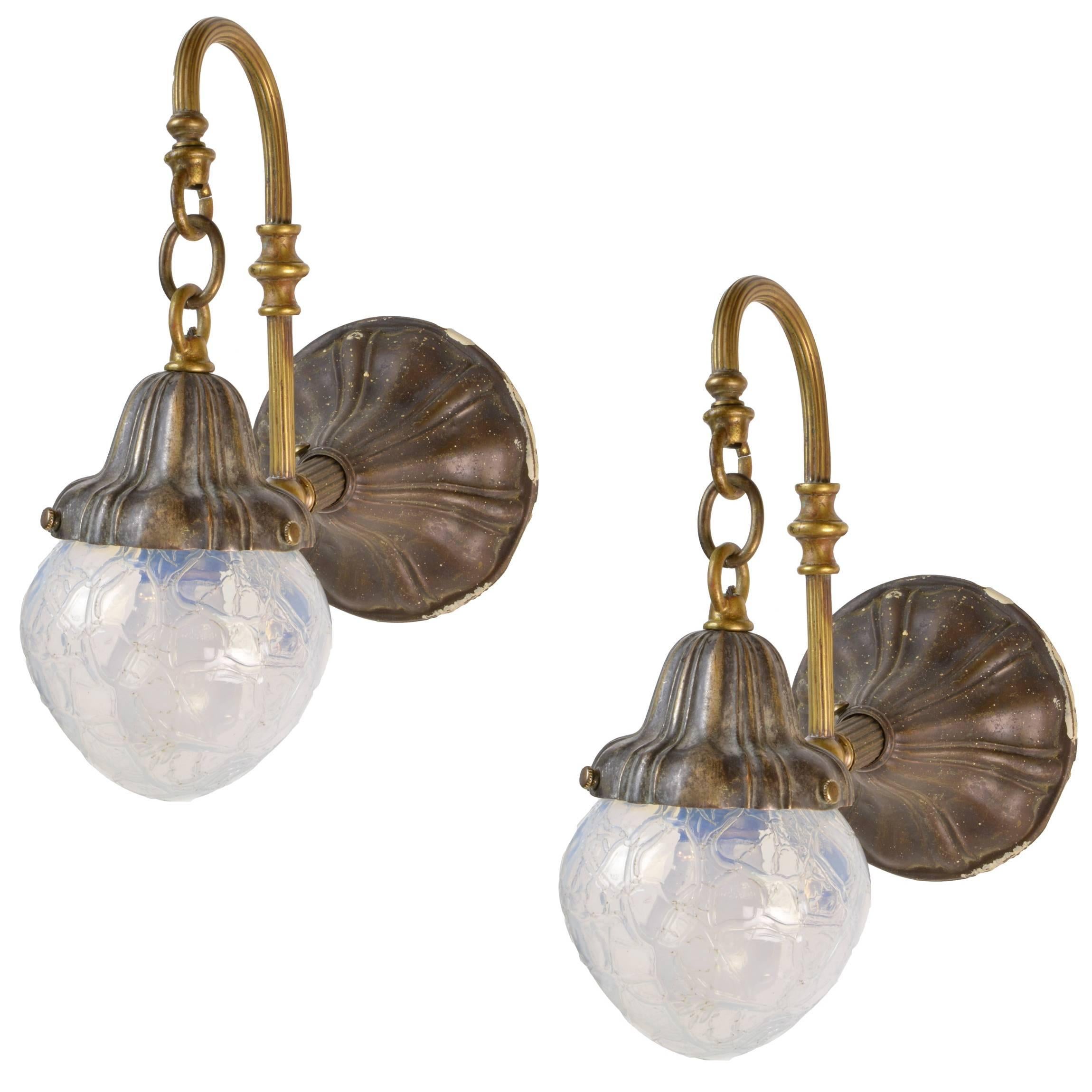 Pair of Early American Art Nouveau Sconces with Crackled Vaseline Glass Shades