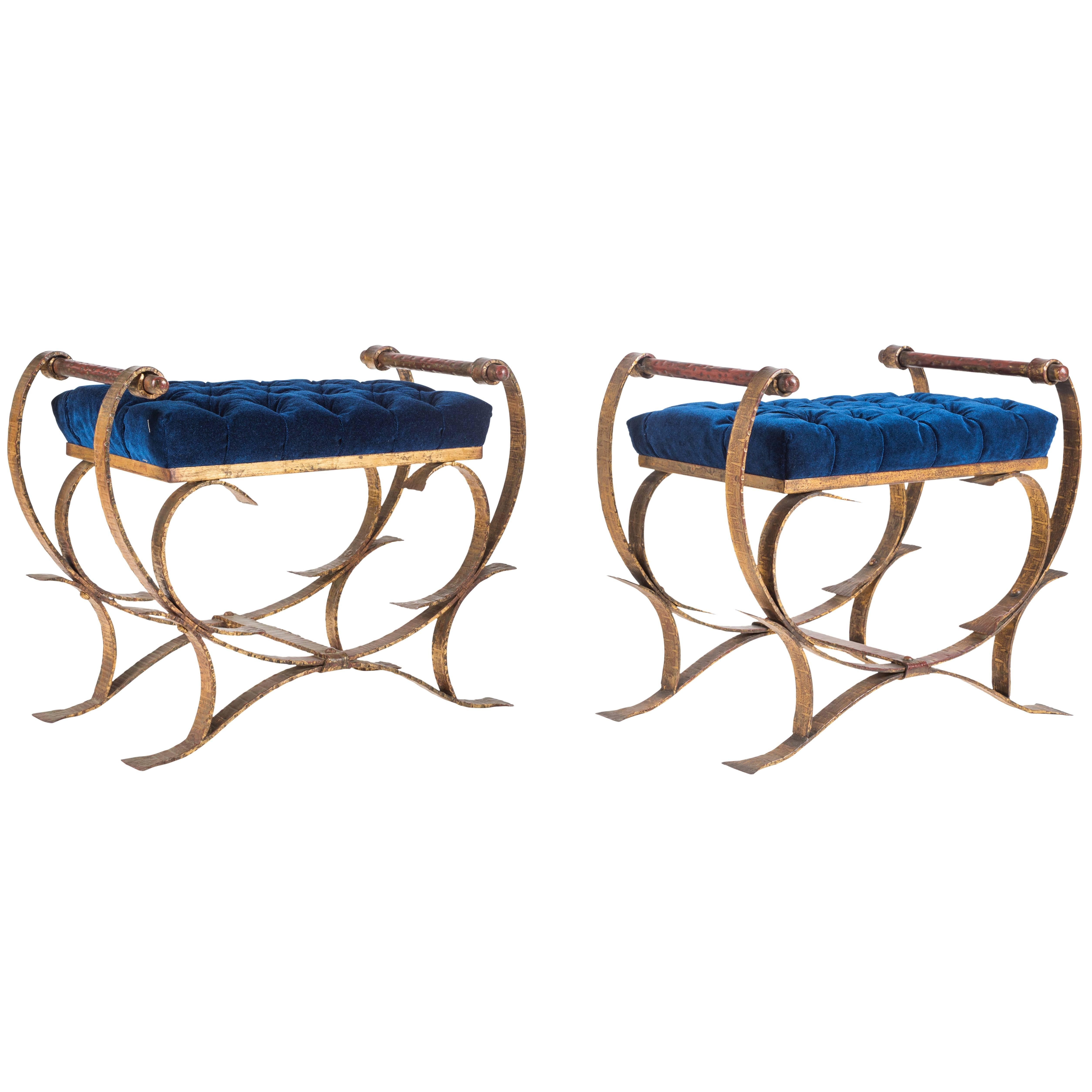 Pair of Striking Velvet Tufted Iron Curule Benches by Borghese