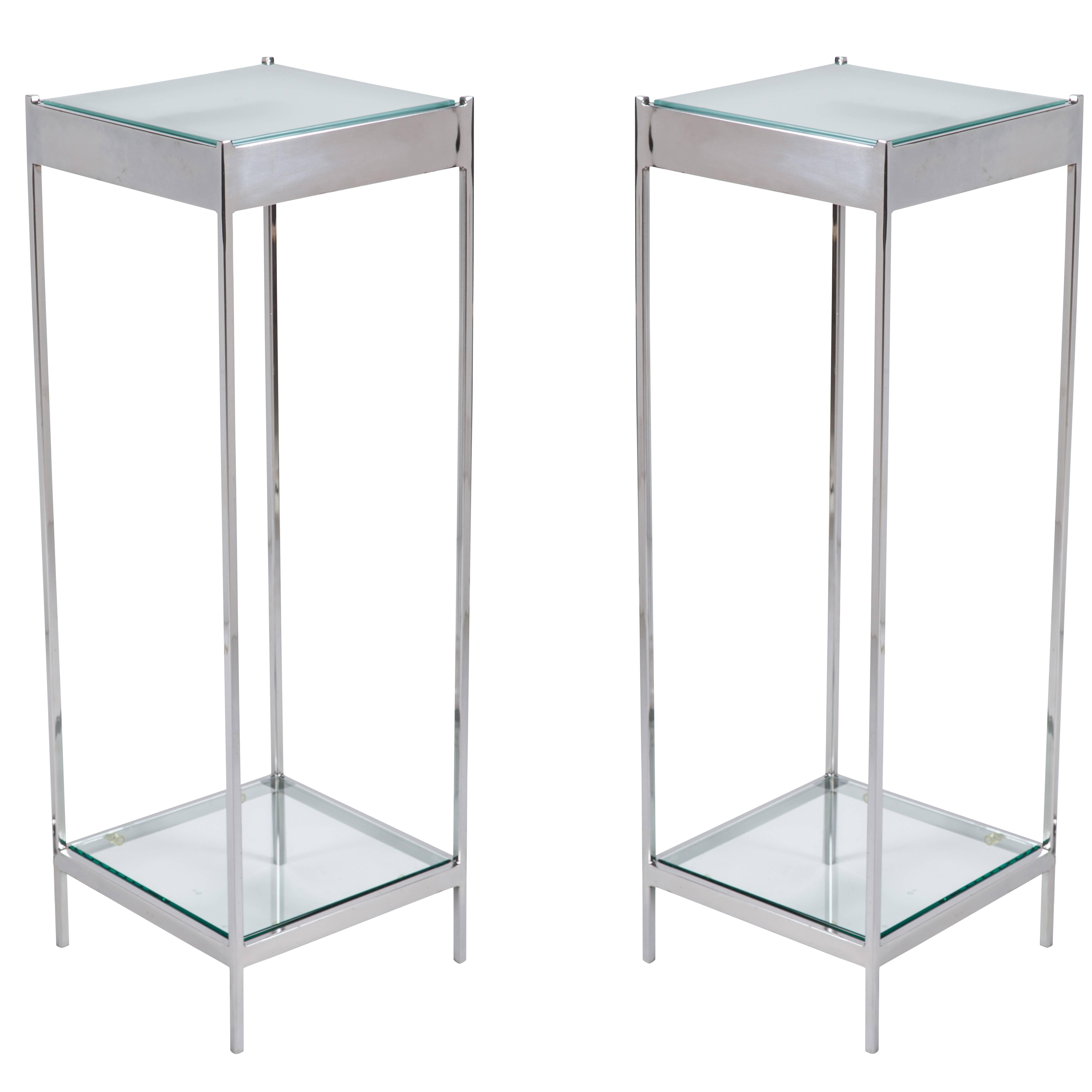 Elegant Pair of Chrome and Glass Light Up Pedestals