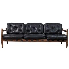 Jean Gillon Brazilian, 1960s, Rosewood and Black Leather Sofa by WoodArt