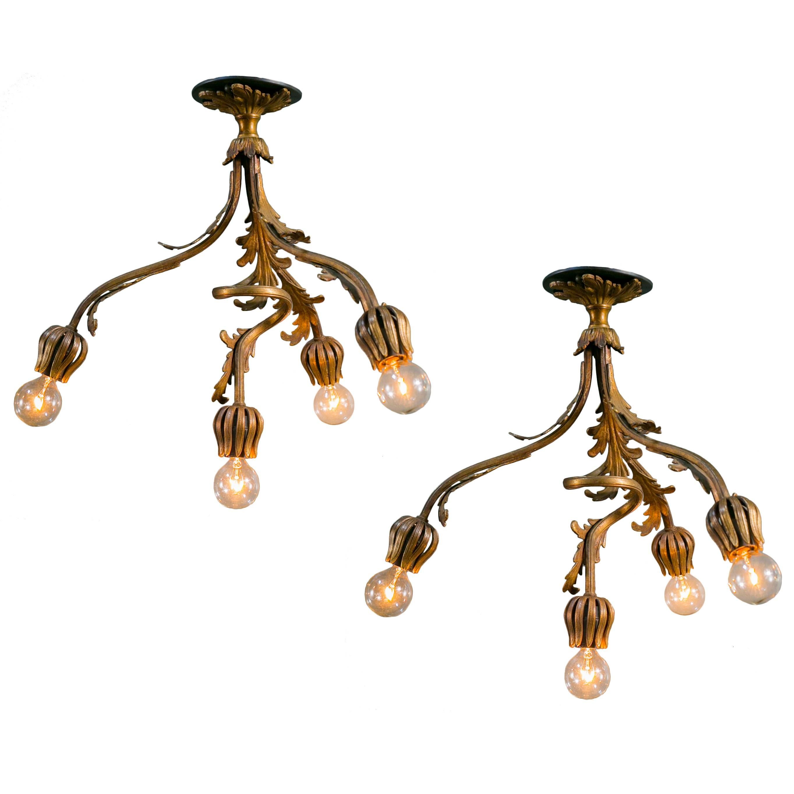 Pair of Antique French Bronze Dore Semi-Flush Ceiling Lights