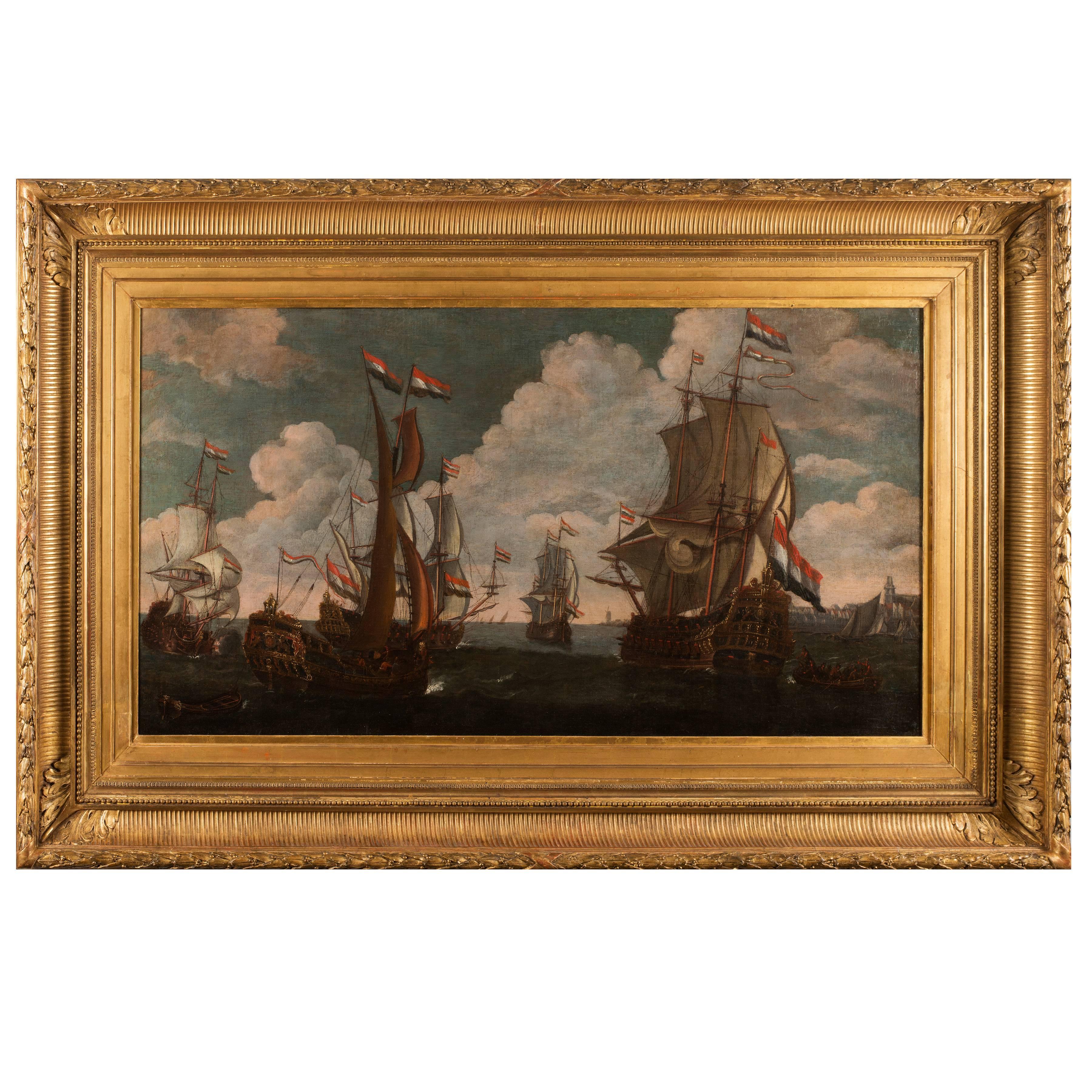 17th Century Old Masters Oil on Canvas Marine Attributed to Van de Velde For Sale
