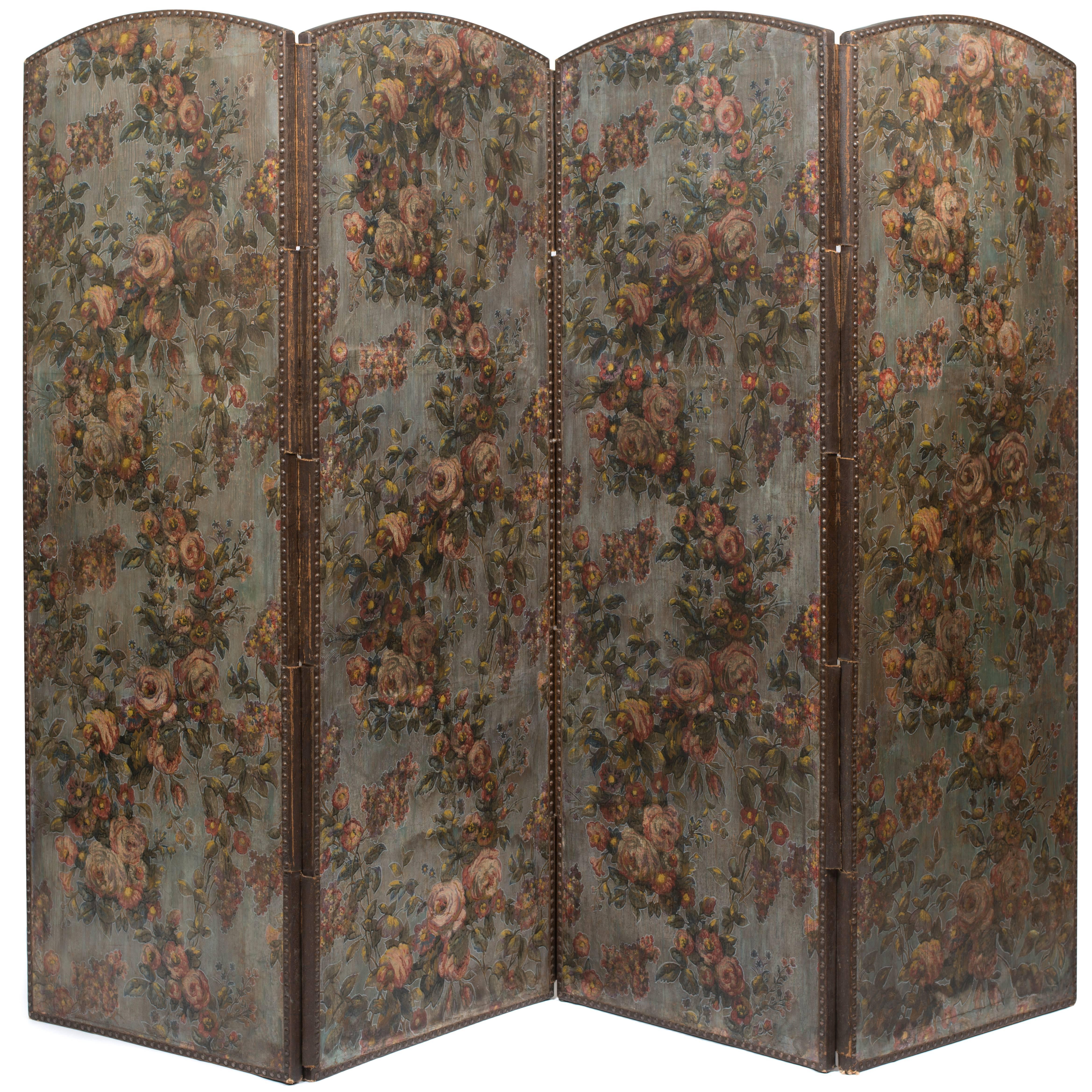 French Screen Paper on Leather from the 19th Century Decorated with Flowers For Sale