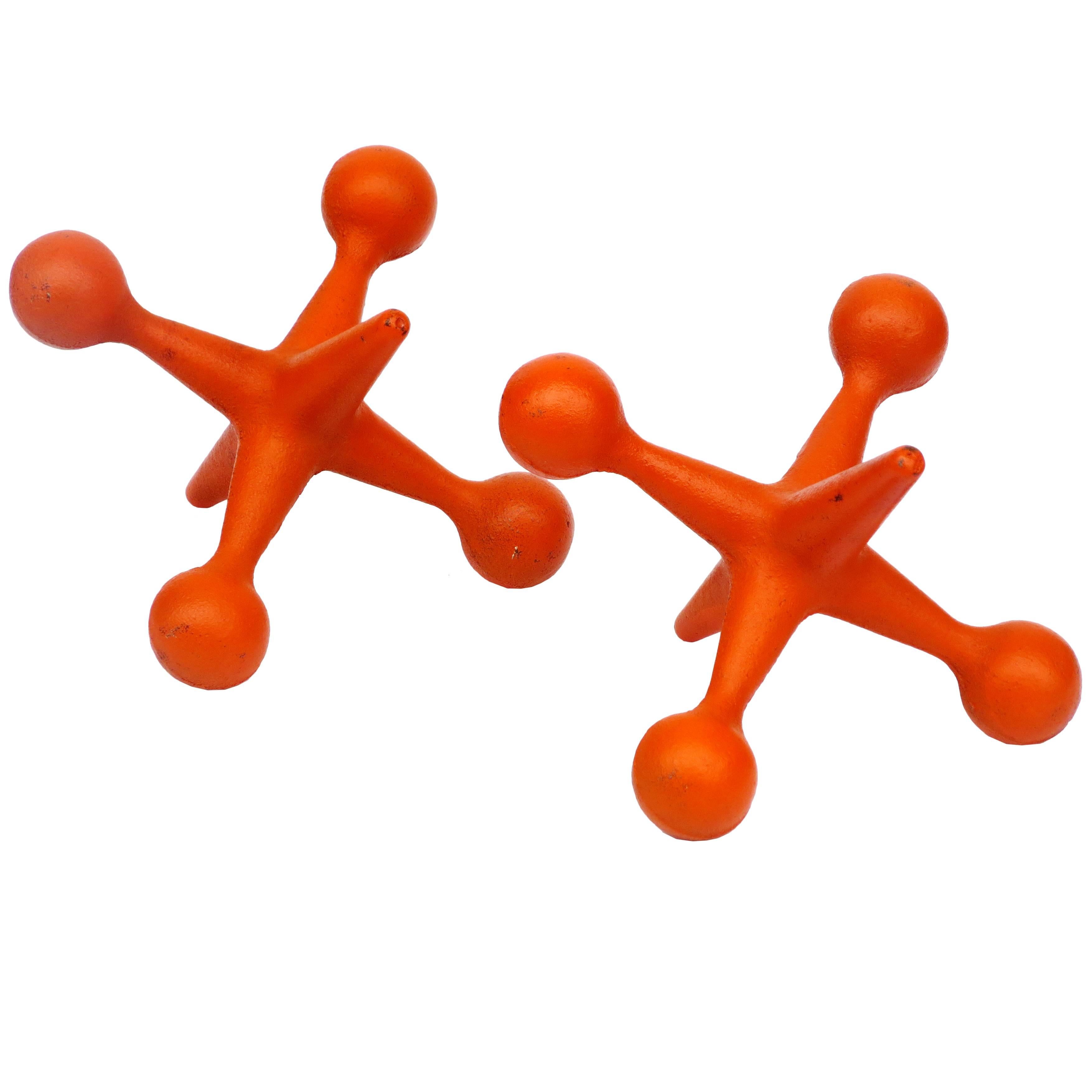 1950s Atomic Era Mid-Century Modern Pair of Iron Jack-Jax Bookends in Orange