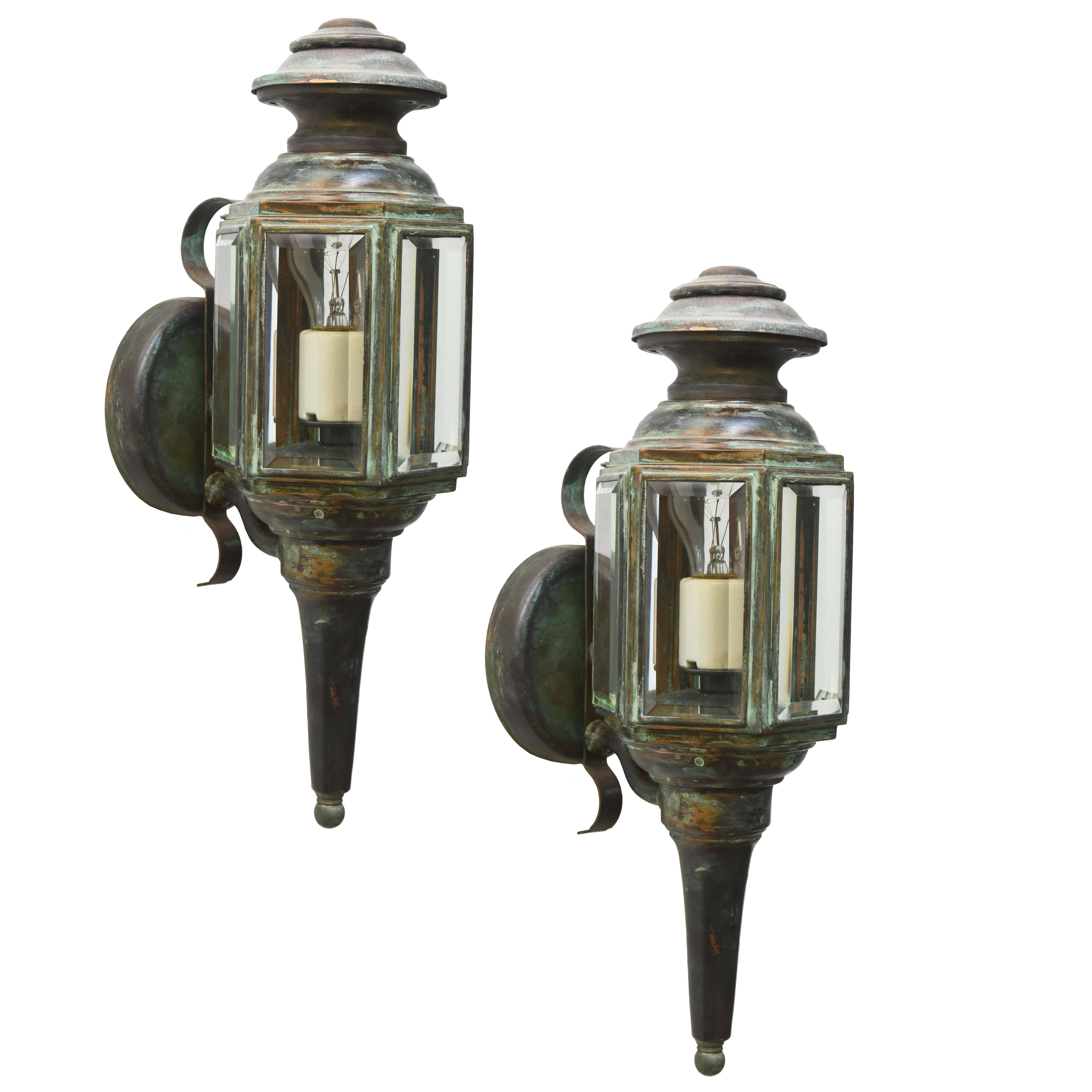 Pair of Exterior Carriage Lights with Vertigris Finish For Sale