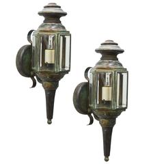 Vintage Pair of Exterior Carriage Lights with Vertigris Finish