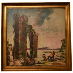 Vintage Oil Painting Classical Roman Ruins, 20th Century
