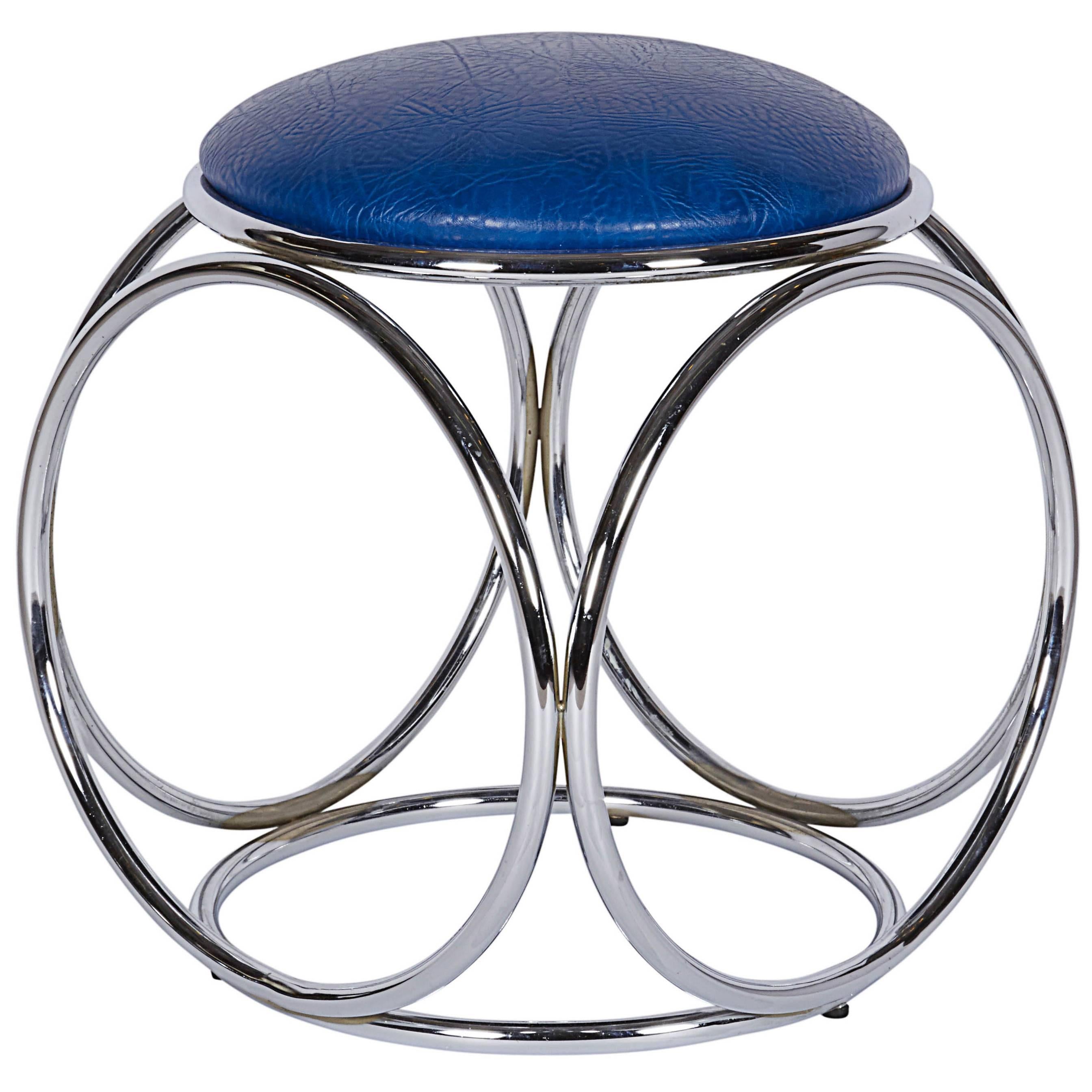 Mid-Century Chrome Stool with Blue Leather Seat