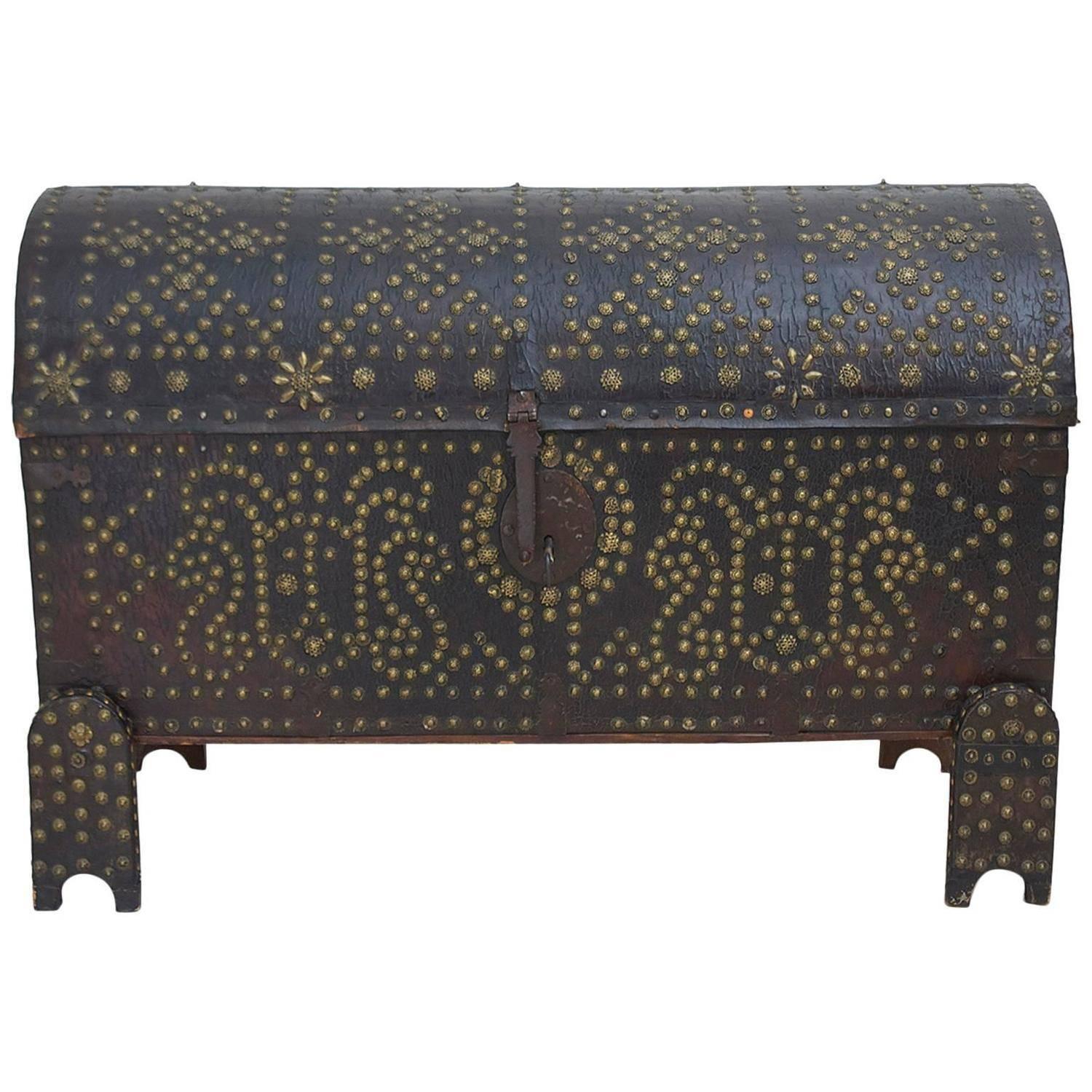 18th Century Spanish Leather-Bound Chest on Stand with Decorative Nailheads