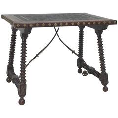 19th Century Spanish Walnut Table with Embossed Leather Top and Wrought Iron
