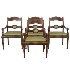 Antique Set of Four Early 20th Century Flame Mahogany Armchairs