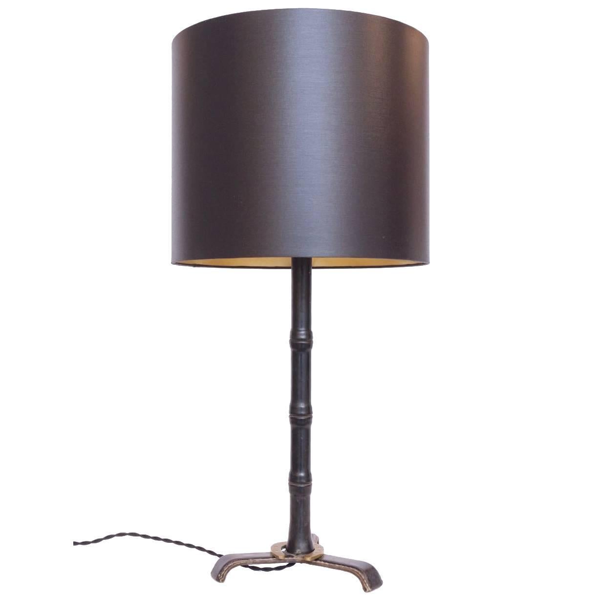 Jacques Adnet 1950's Horseshoe Black Leather Table Lamp