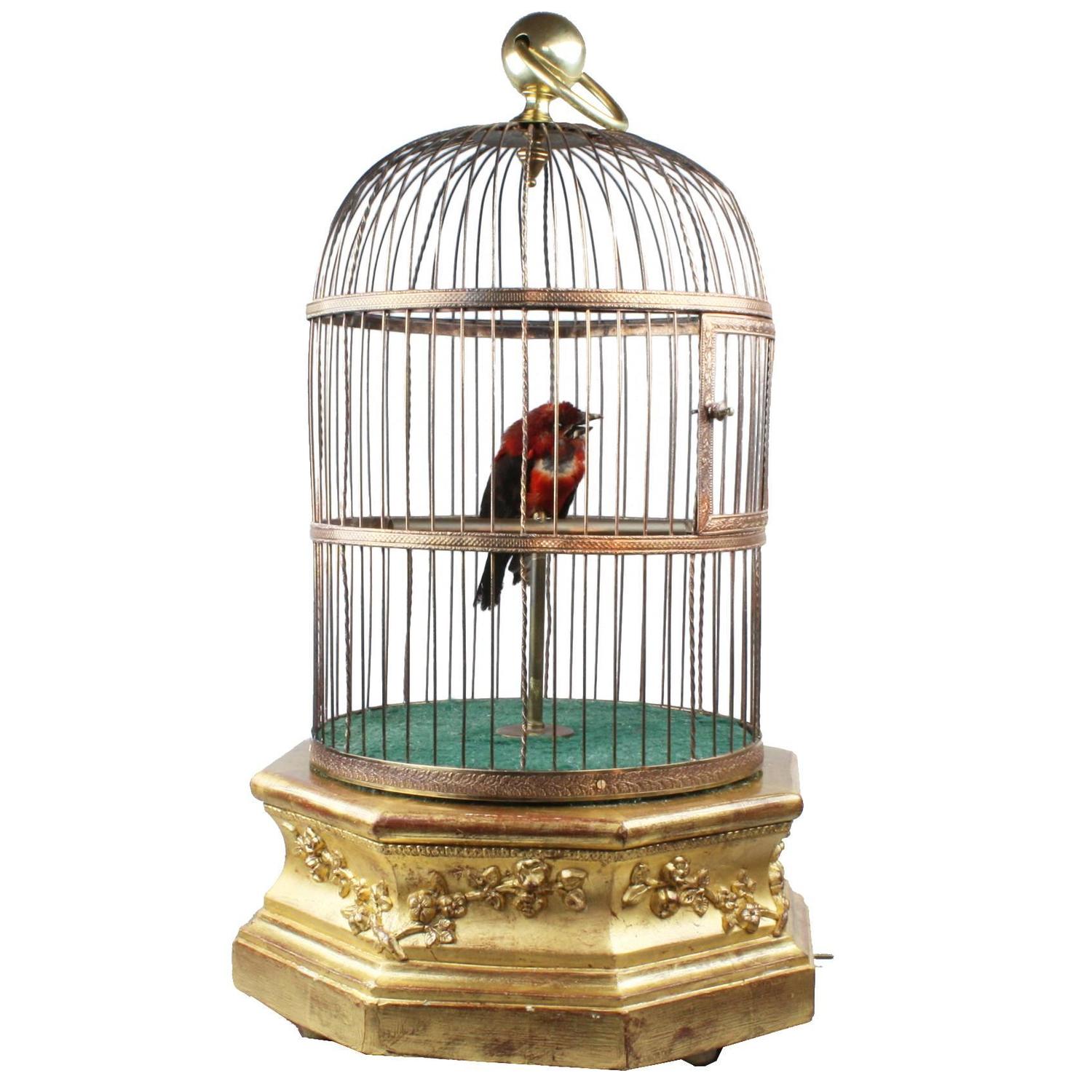 Antique Hexagonal Base Single Singing Bird in Cage by Bontems For ...