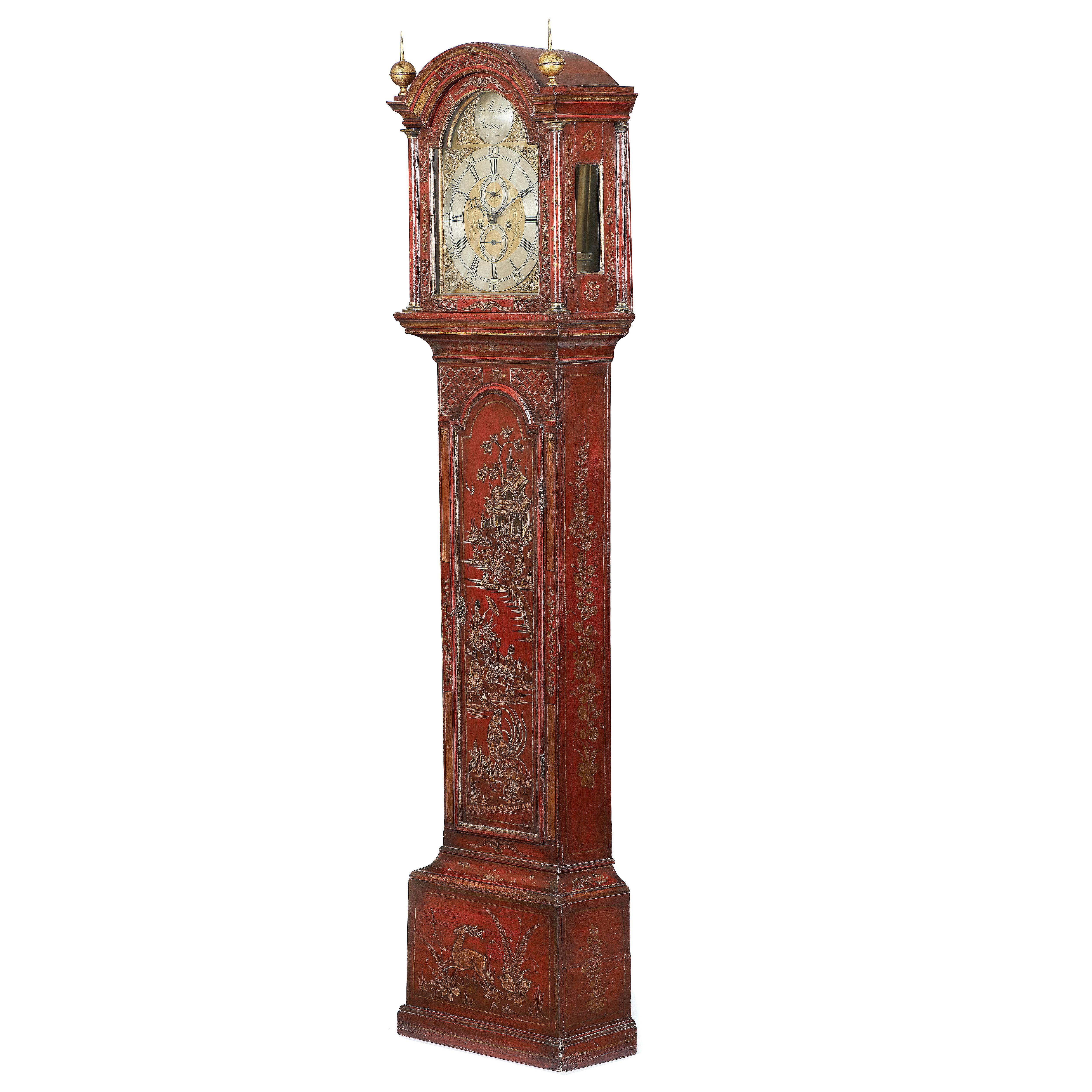 English Grandfather Clock with Red Chinoiserie Motifs, 18th Century For Sale