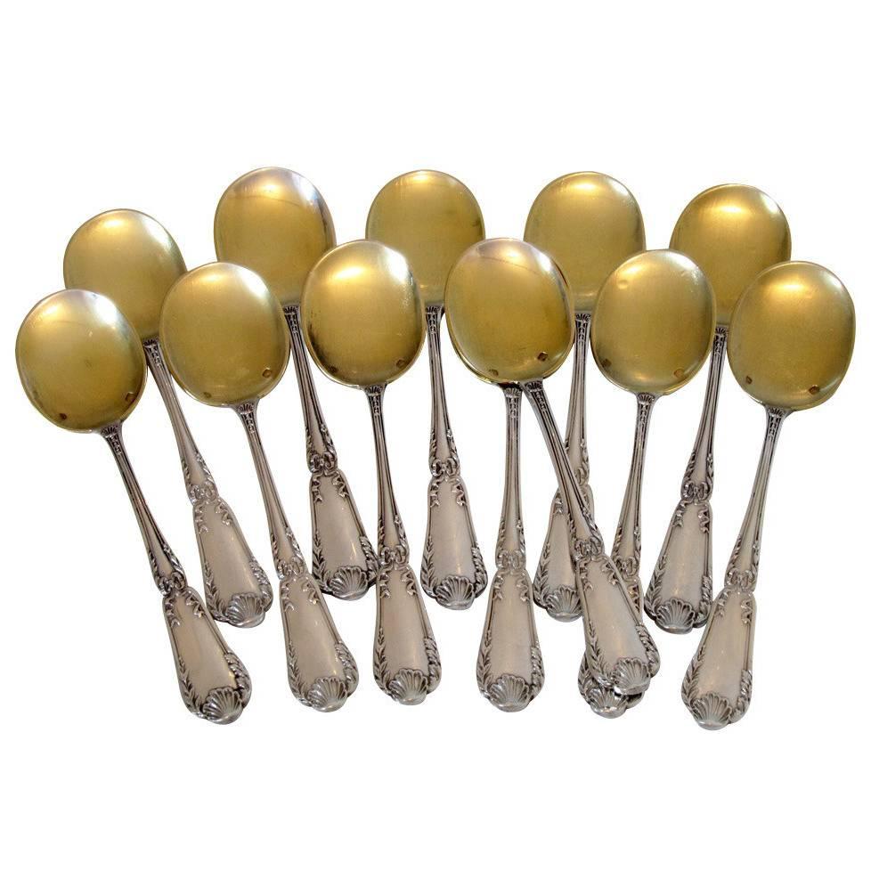 French Sterling Silver 18K Gold Ice Cream Spoons 12-Pieces Set Puiforcat Model
