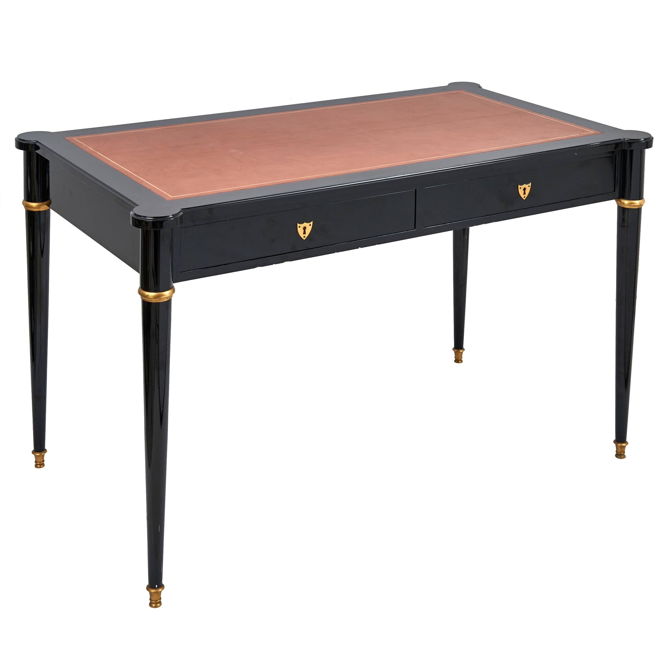 Neoclassical Black Lacquer Bureau Plat, France, circa 1950