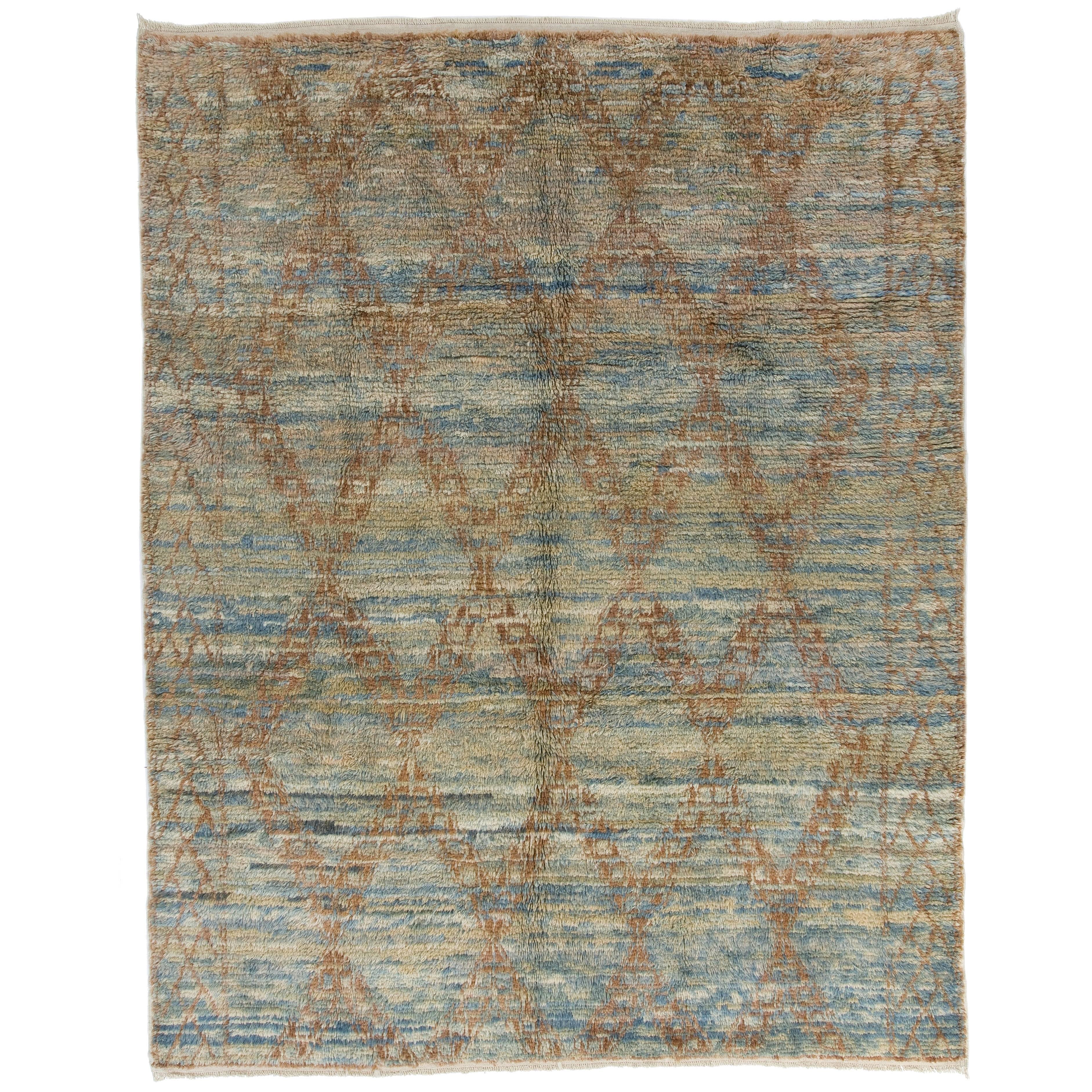 Handmade Moroccan Wool Rug in Soft Blue Green & Rust, Custom Options Available  For Sale