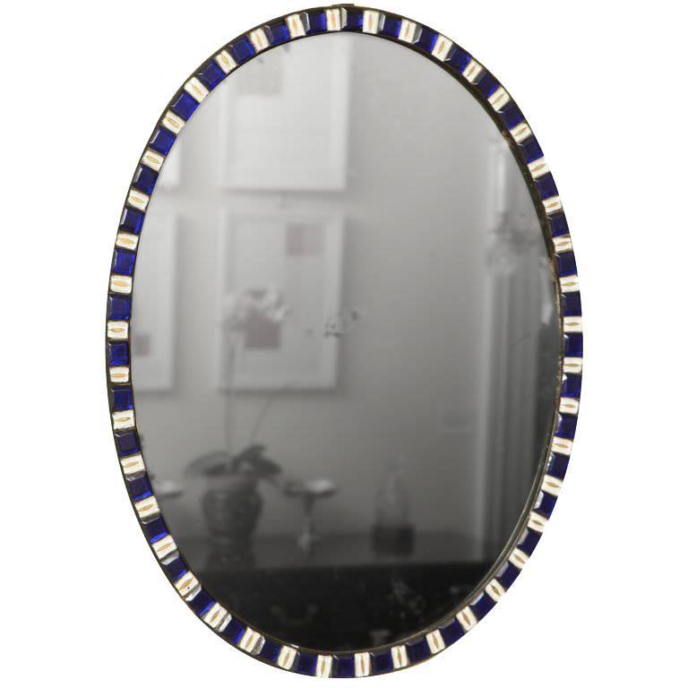 Antique Irish Oval Mirror with Sapphire and Enamel Jewels, circa 1785
