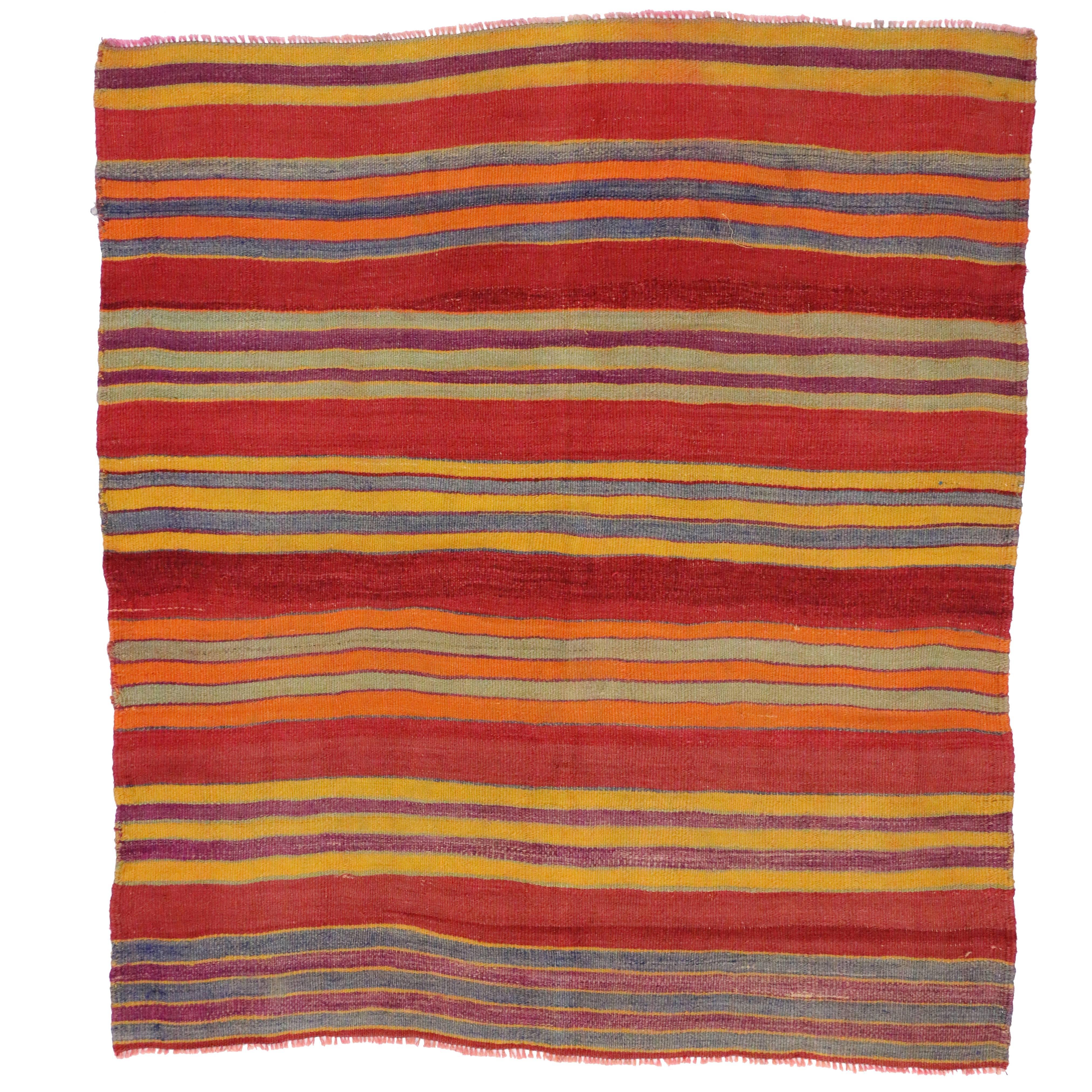 Vintage Turkish Kilim with Multi-Color Stripes in Modern Style, Red FlatWeave