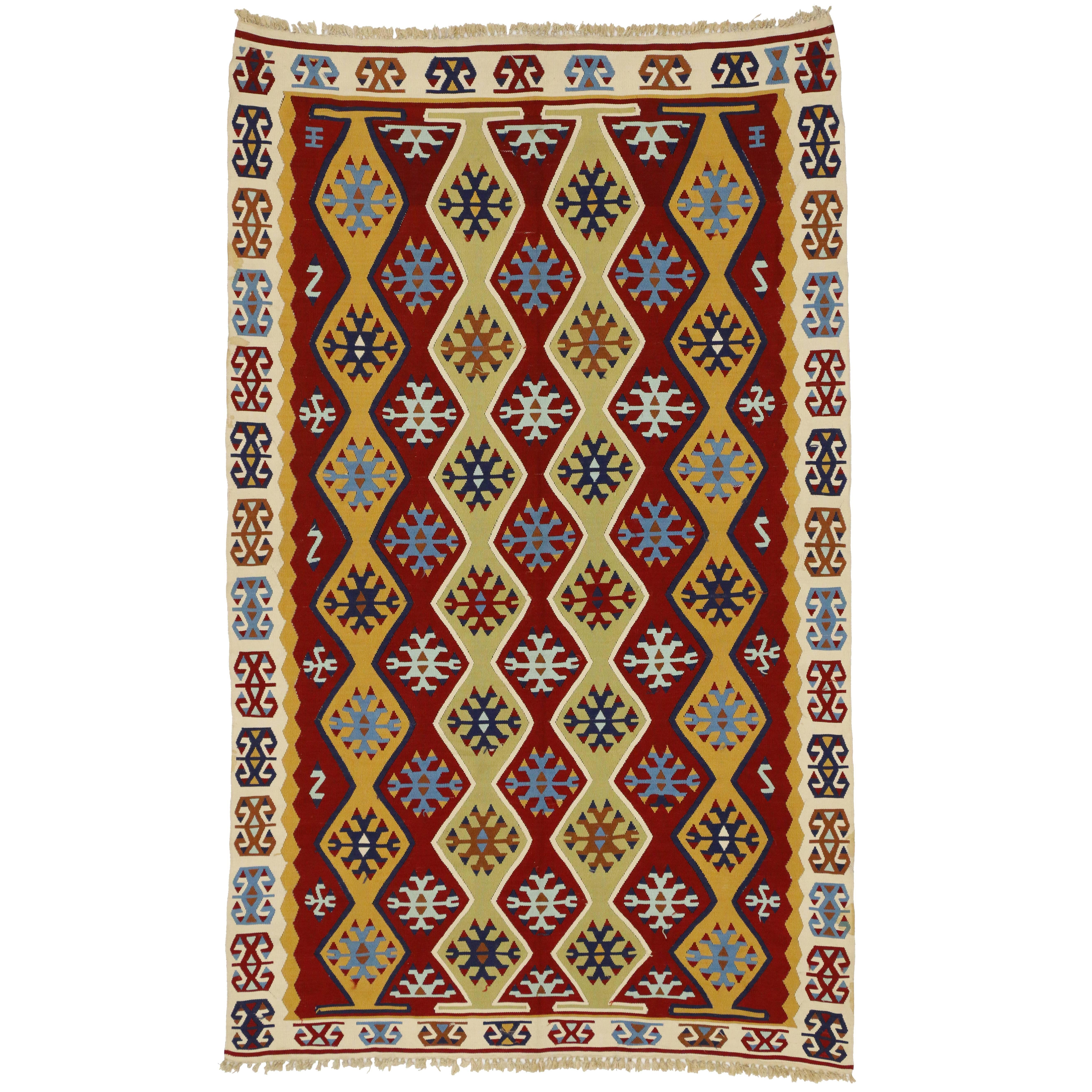 Türkischer Seiden-Kelim-Teppich aus Seide mit modernem Stammesstil
