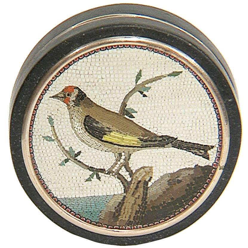 Pill Box, Lavic Rock and Gold, Micromosaic Depicting Goldfinch, 18th Century For Sale