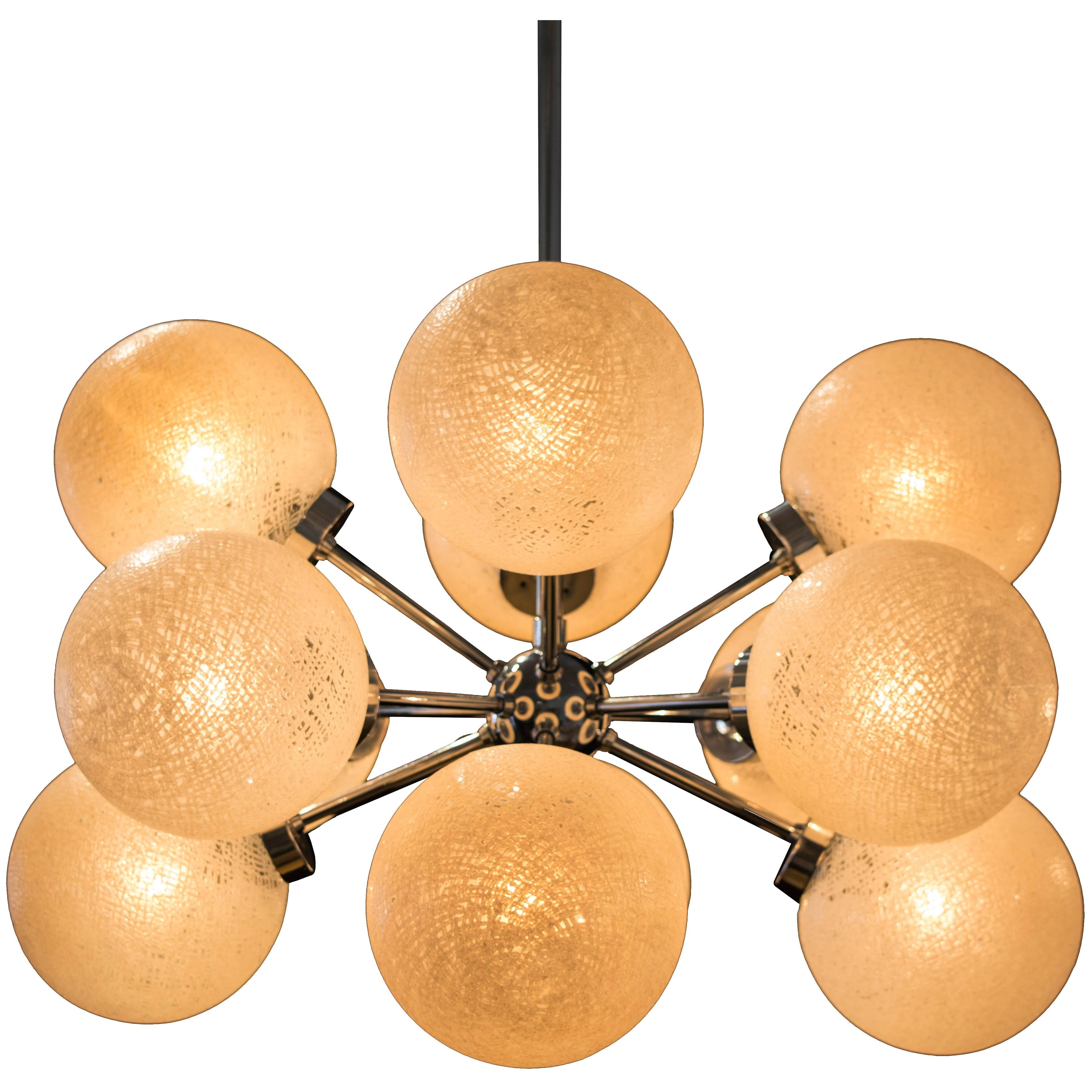Twelve-Light Vintage Chrome Sputnik with Linen Textured Globes For Sale