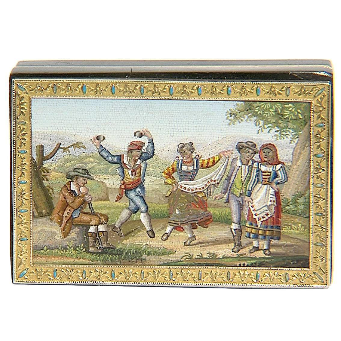 "Tarantella, " Tortoise Shell and Gold Snuff Box, with Micromosaic, 18th Century For Sale