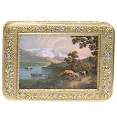 Antique Three-Colored Gold Snuff Box with Enamel Plaque, Germany, 1830